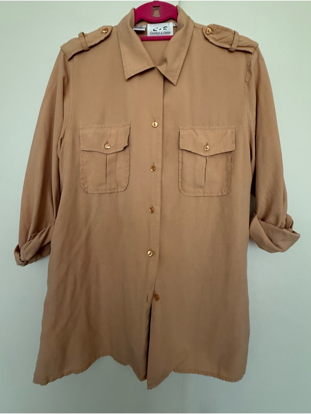 Vintage Silk Button-Down Safari Utility Shirt 8 M Nude Tan Beige - Picture 3 of 5